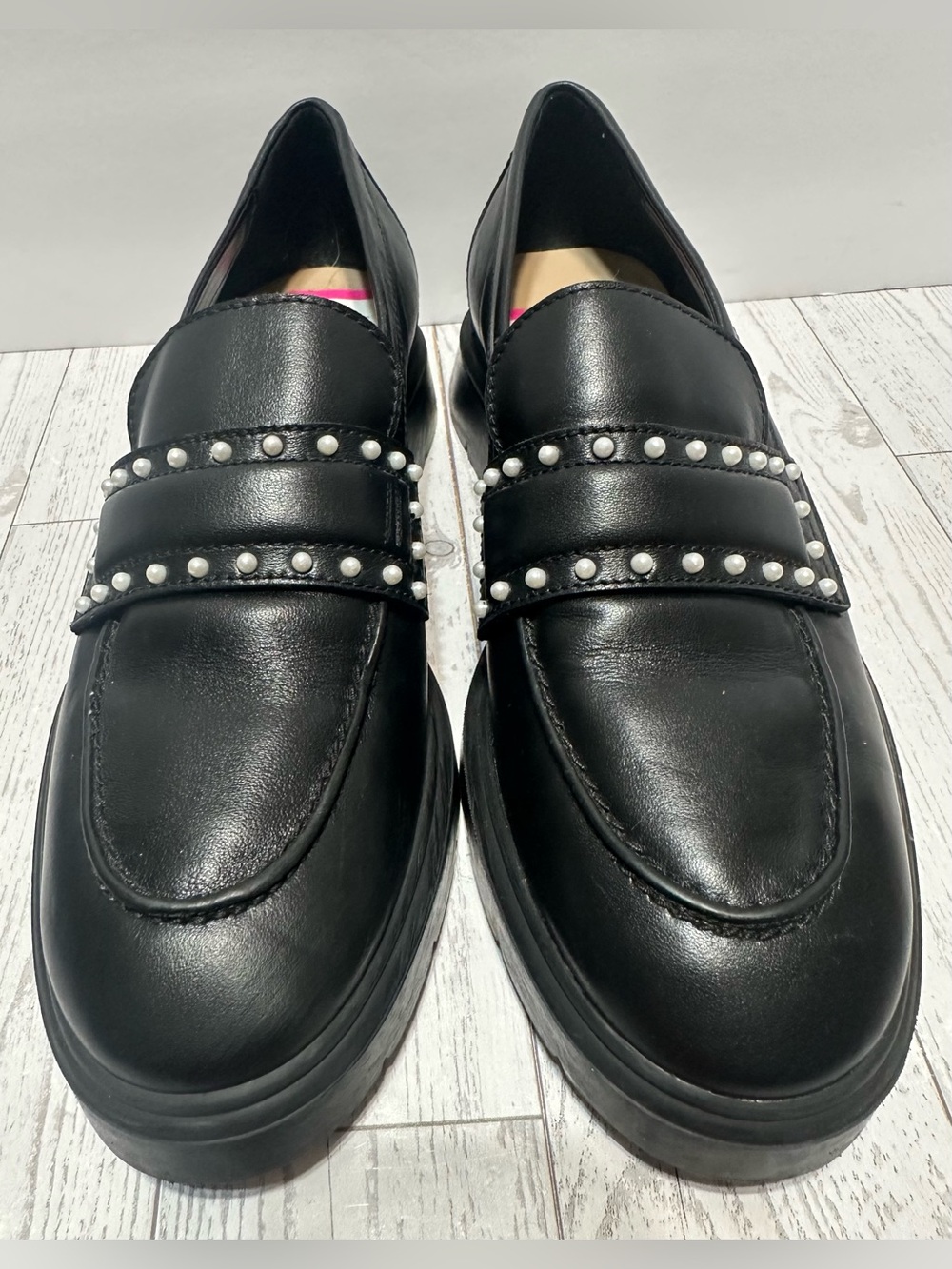 NWT - Stuart Weitzman ‘Darcy’ Chunky Pearl Leather Loafers, Black, Sz 6.5M